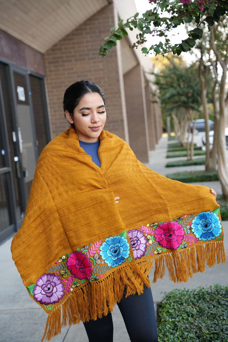 Rebozo Telar Embroidery Mexican Flowers