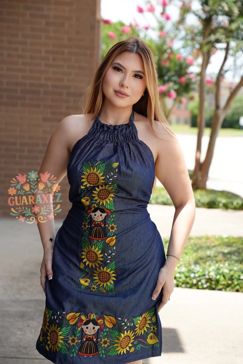 Lele Sunflower Embroidery Denim Dress