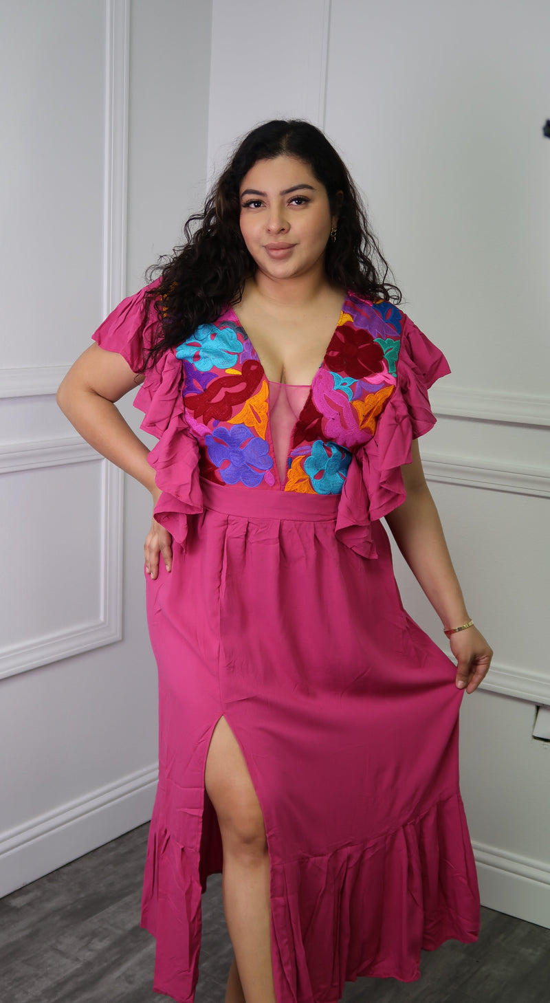 Oaxaca Embroidered Maxi Dress One Size (S M L) / Yellow with dark center Oaxaca Embroidered Maxi Dress One Size (S M L) / Yellow with dark center