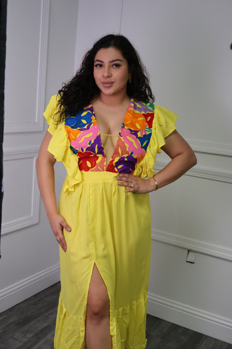Oaxaca Embroidered Maxi Dress One Size (S M L) / Yellow with dark center Oaxaca Embroidered Maxi Dress One Size (S M L) / Yellow with dark center
